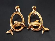 Vintage AVON Goldtone Dolphin thru Oval, Rhinestone Eye, CLIP-ON Earrings 1 1/2