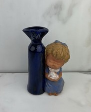 Vintage Clay Pottery Bud Vase Girl Holding Bunny Figurine Made In Japan picture