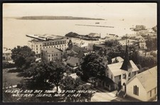 USA MACKINAC ISLAND Mich. 1940s Village & Bay from Old Fort. Real Photo Postcard picture
