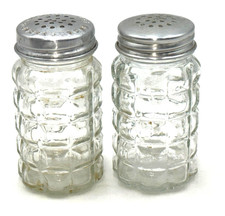 Vintage Clear Glass Salt & Pepper Shakers Set Ribbed Pattern Metal Lids picture