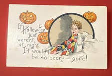 Halloween Postcard HBG 2272 Frightened Child in Bed & Scary Jack O'Lanterns picture