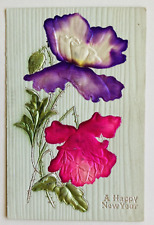 1910 A Happy New Year Pink & Purple Flowers Embossed Vintage Postcard picture