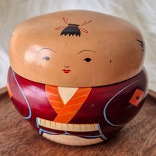 Vintage Japanese Kokeshi Doll Lacquerware Lidded Bowl Trinket Box picture