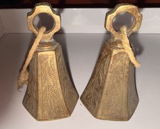 2 India Brass Bell 6 Panel Etched Ornate Leaf Small Vintage mid century picture