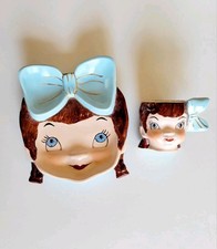 Vintage Kitsch Anthropomorphic Girl Face Plate & Egg Cup Set Rosemary MCM picture