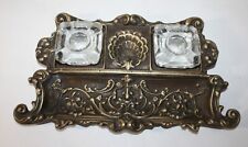 Vintage Brass Victorian Double Inkwell Desk Pen Holder picture