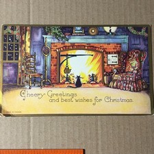 Vintage 20s 30s Christmas Card Cozy Fireplace Scene Black Cat picture
