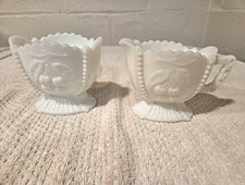 White Milk Glass Creamer & Sugar Bowl Set, Fruit Pattern, Glossy, Handles picture