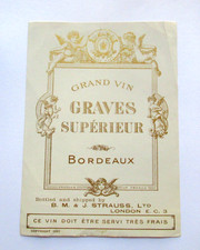 Vintage 1937 Grand Vin Graves Superieur Bordeaux Wine Label BM & J Strauss UK picture