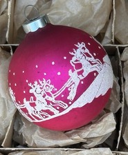 RARE VTG Franke USA Matte Pink Reindeer Sleigh Santa Snow Mica Stencil Ornament picture