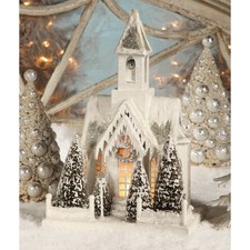 Bethany Lowe Snowy Ivory Putz Church House Trees Retro Christmas Village Decor picture