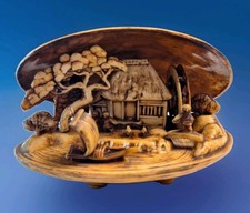 Vtg Japanese Celluloid Clam Shell Diorama Water Wheel Wrks Intricate Village picture
