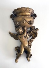 Vtg Gold Cherub Putti Angel Wall Pocket Planter Sconce Hollywood Regency 14.5