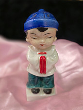 Japanese Vintage Ceramic Boy Figurine Statue, Blue Hat, White Shirt Green Pants picture
