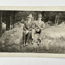 Antique RPPC Photograph Postcard Handsome Young Men Sitting On Rock Hat Brothers picture
