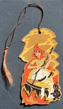 🎃Antique c.1920s HALLOWEEN BRIDGE TALLY  Witch Bats Black Cat Unused Gold Ink picture
