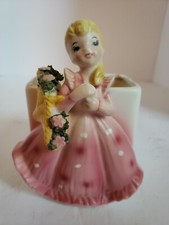 Vintage RARE Lefton Planter Girl in Pink Dress/Flower Basket 3141M picture