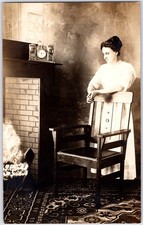 ANTIQUE WOMAN WHITE DRESS CHAIR FIREPLACE MANTEL CLOCK ~ RPPC POSTCARD PZ picture