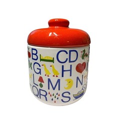 Vtg Waechtersbach Western Germany Alphabet Ceramic Jar Red Lid ABC Cookie Jar picture