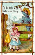 1880's Vintage Adorable Victorian Children Curtis Davis Welcome Soap Trade Card picture