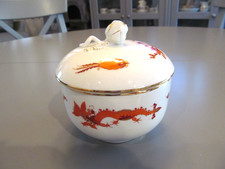 MEISSEN RED COURT DRAGON SUGAR BOWL AND LID GOLD TRIM IMPERFECT 3 STROKES picture