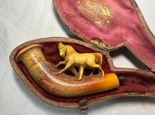 Antique 1800s hand carved horse meerschaum smoking pipe with hard case sculpture picture