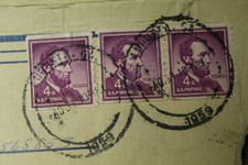 3 Original Abraham Lincoln 4 Cent Purple Postage Stamps on 1959 d. Envelope picture