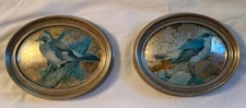 Vintage Sungott Bird Art Pair Convex Glass Blue Jay Oval MCM #778 picture