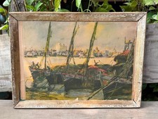 Vintage Fishing Harbor Scene Framed Painting Coastal Wall Decor Artwork 22
