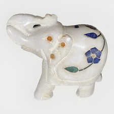 Small Lucky Elephant Trunk Up Miniature Soapstone W/ Mother Of Pearl Inlay picture
