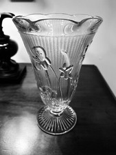 Vintage Jeanette Iris & Herringbone 9” Vase Clear Depression Glass picture