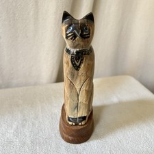 Siamese Cat Vintage Hand Carved Statue Mounted on Wood Base Folk Art picture