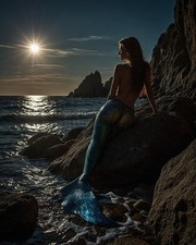 Mermaid Rocky Shore Moonlight Ocean Night Scene Fantasy Art Print picture