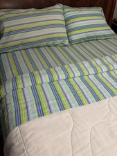 Vintage Striped Queen Sheet Set 4-Piece Flat Fitted 2 Cases Green Blue Purple  picture