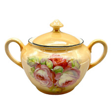 Vintage Peach Lusterware Sugar Bowl with Roses and Lid P.A.L.T. Czecho-Slovakia picture