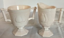 Jeanette Pink Milk Glass Baltimore Pear Footed Open Sugar And Creamer picture