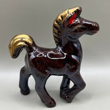 Vtg Japan Ceramic Redware Horse Figurine Brown Gold Gilt Accents Mid Century 4in picture