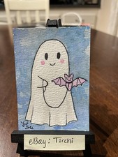 ACEO Art Card Original Watercolor Ghostie with Pet Bat 2.5