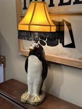 Whimsical VTG 1940's Art Deco Large Penguin Chalkware/Plaster Table Lamp w/Shade picture