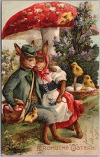 Rare~Dressed Romantic Bunny Rabbits~Chicks & Mushroom 1910~Easter Postcard~s581 picture