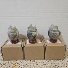 LOT 3 Labradorite Dragon Egg Carved Crystal Gemstone Figurines w/Stands Boxed picture