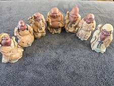 Set of 7 Japanese Redware Seven Lucky Immortal Gods Figurines Clay Pottery 4 1/4 picture