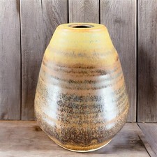 Vintage Hand Made Stoneware Pottery Vase Vessel Brown Glazed Artist Signed VTG picture