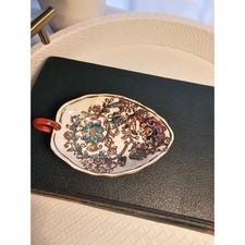 Vintage Hand Painted Floral Leaf Dish Gold Trim Red Handle Decorative Porcelain picture