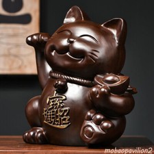 Arts and Crafts Ebony Wood Carved Maneki Neko Statue Lucky Cat Feng Shui Decor picture