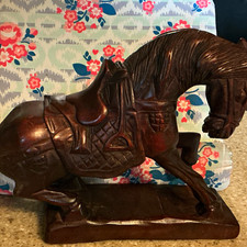 Carved Wooden Saddled Angry Horse Figurine Statue Animal Figure picture