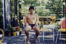 c1970's Ektachrome 35mm Slide, Man Swim Trunks Deck Patio Furniture summer picture
