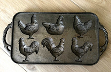 Vintage Chicken/Rooster Themed Heavy Cast Iron Muffin,Cake,Bread Etc.Mold 14x7 picture