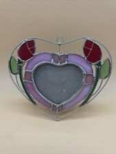 Vintage Metal Photo Frame Stained Glass Heart Shaped Overlayed Flower & Leaves picture
