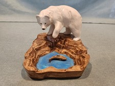 Vintage Handpainted Ceramic Polar Bear Ashtray Hunting Fish Salmon MCM picture